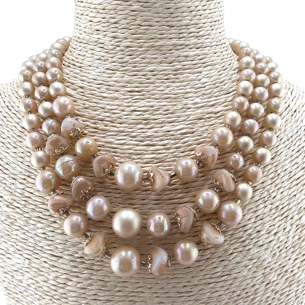 Vintage Triple Strand Butterscotch Marble & Faux Pearl Necklace